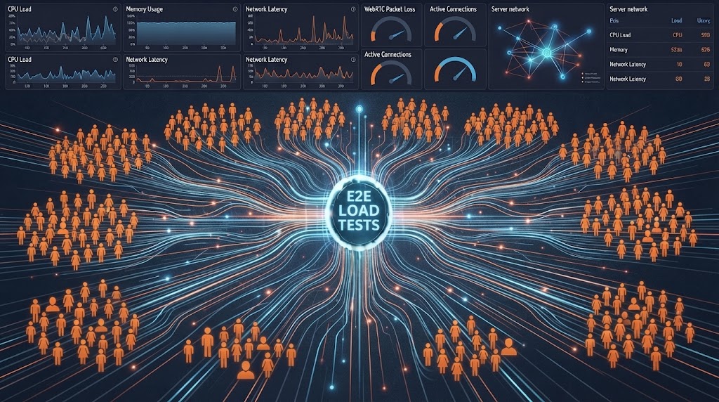 AI-generated illustration of end-to-end load testing: crowds of simulated user icons connected by glowing lines converging on a central "E2E Load Tests" node, above a row of dashboards showing CPU load, memory usage, network latency, WebRTC packet loss, active connections, and a server network graph.