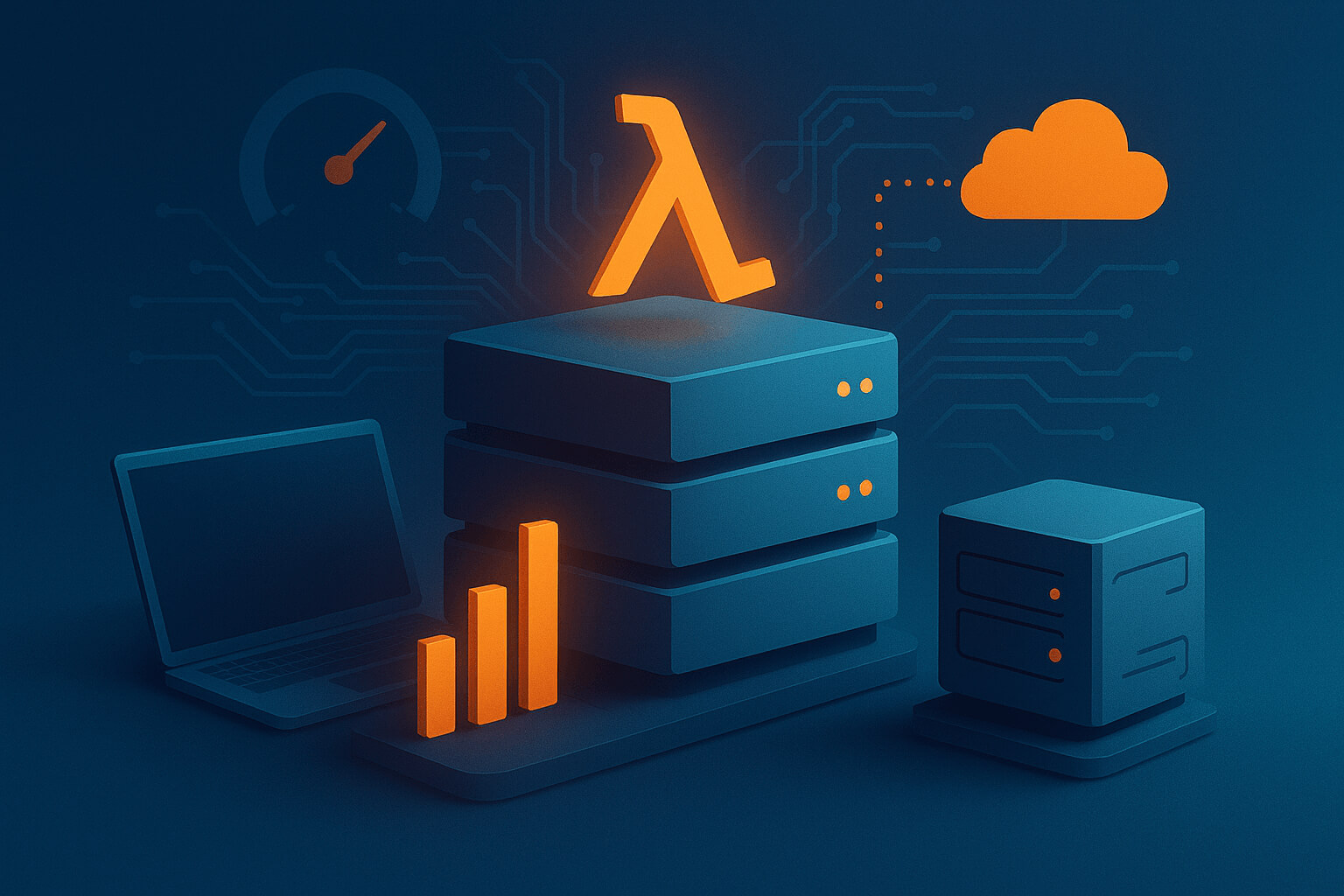 Illustration of server racks, an AWS Lambda icon, and a cloud connection representing elastic serverless architecture.