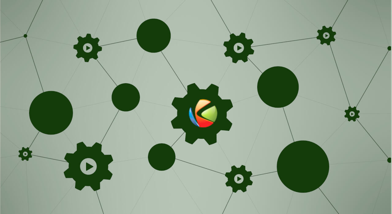 Abstract network of interconnected gears and nodes with the Kurento logo at the center, representing media processing.