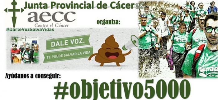 AECC Cáceres 'Objetivo 5000' cancer-awareness campaign banner with runners and the #objetivo5000 hashtag.