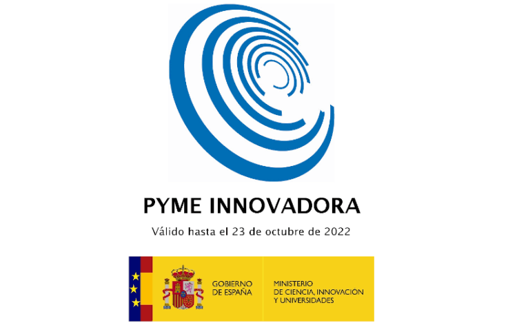 Spanish 'PYME Innovadora' (Innovative SME) seal, valid until 23 October 2022, issued by the Ministry of Science, Innovation and Universities.