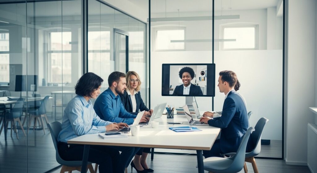 Five colleagues in a glass-walled meeting room, four working on laptops around a table while a large screen shows a remote participant joining the call.
