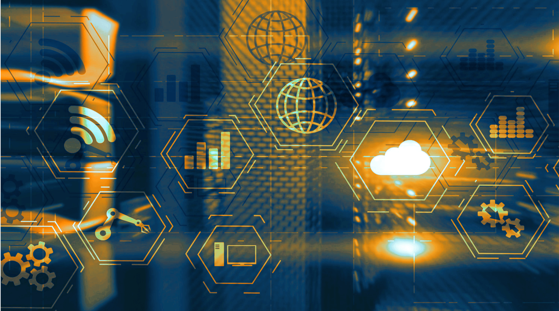 Abstract technology illustration with hexagons, cloud, wifi, and gear icons representing network monitoring.