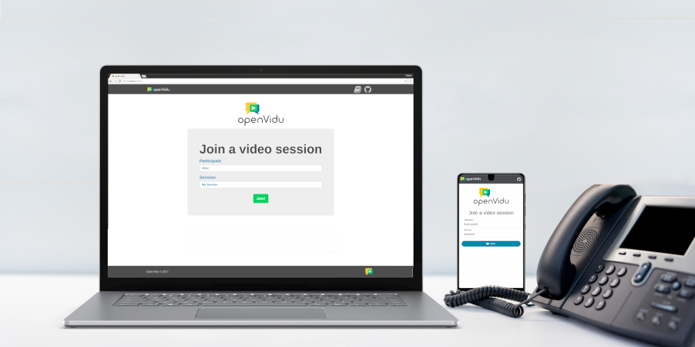 OpenVidu 'Join a video session' interface shown on a laptop and phone, next to a desk SIP phone.