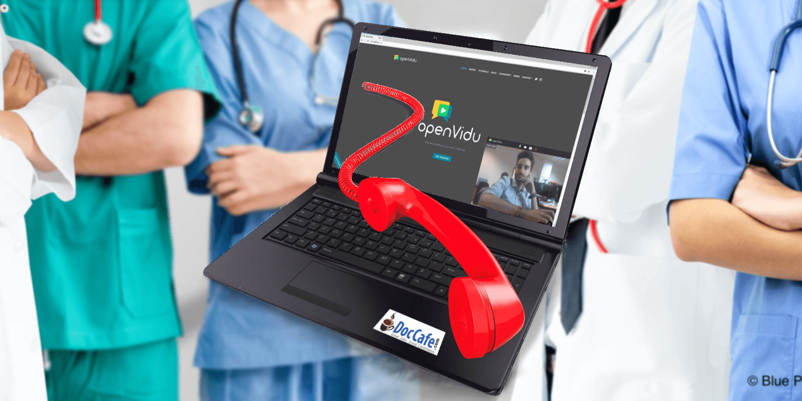 A doctor consulting a laptop showing the OpenVidu interface, with a phone call graphic and the DocCafe logo.