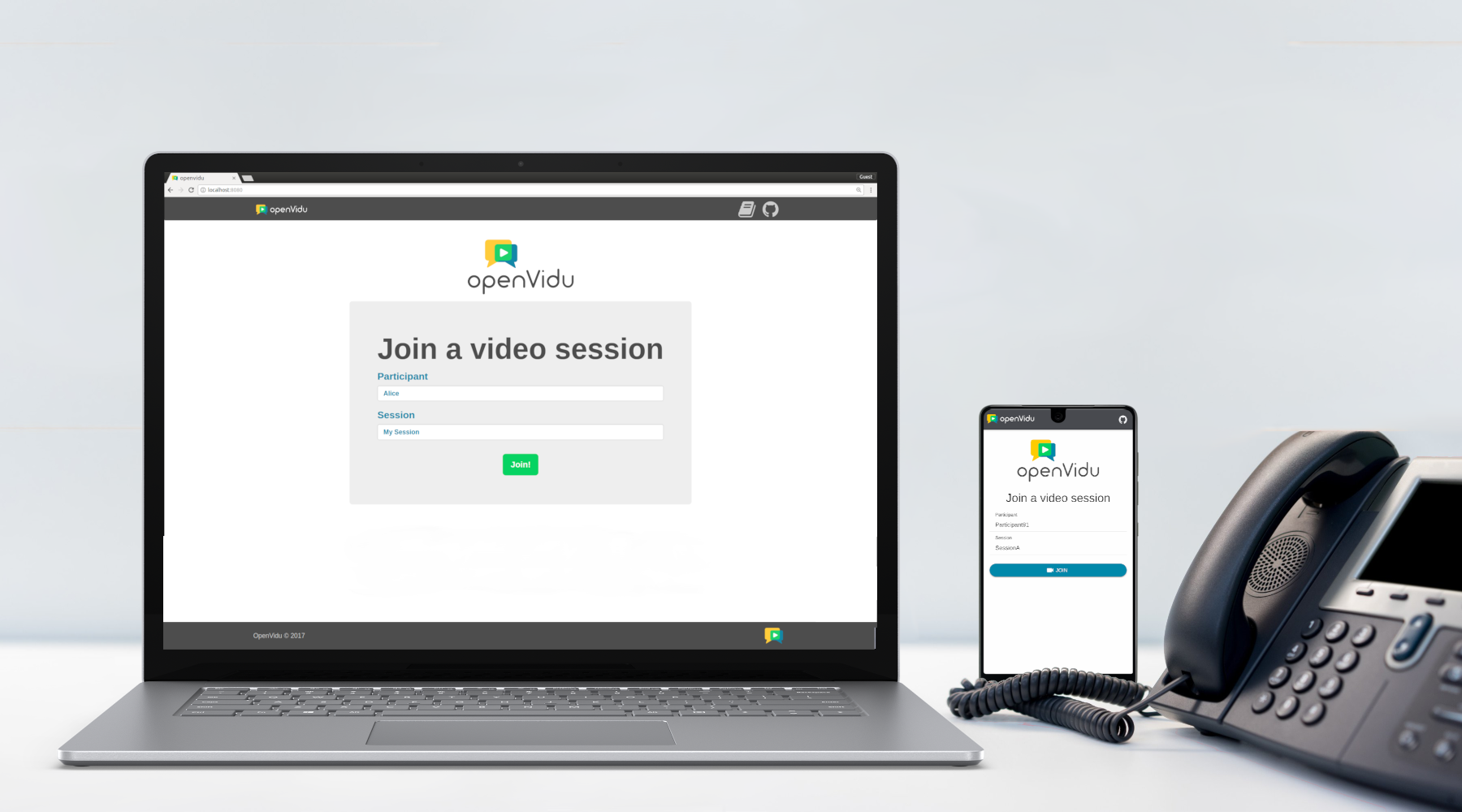 OpenVidu 'Join a video session' interface shown on a laptop and phone, next to a desk SIP phone.
