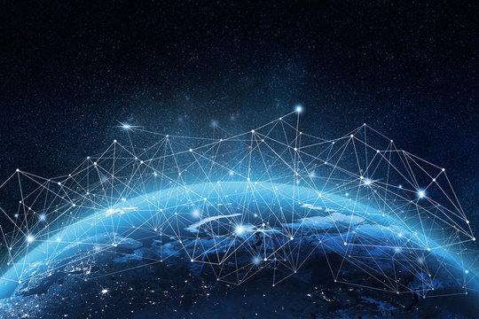 Abstract illustration of a glowing global network of interconnected nodes over a stylized Earth, symbolizing internet-scale data transport.