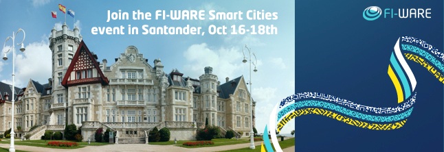 FI-WARE Smart Cities event banner for Santander, October 16-18, featuring the Magdalena Palace and the FI-WARE logo.