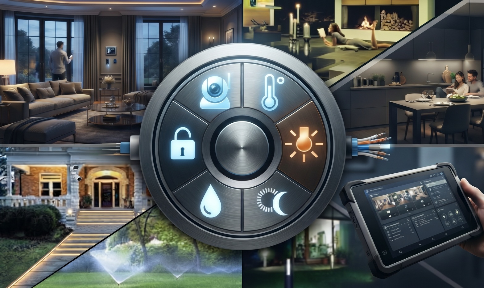 Conceptual illustration of a connected smart home: a central control dial with icons for camera, temperature, lock, lighting, water, and night mode, surrounded by scenes of a modern living room, kitchen, garden, and a house exterior with a security camera, plus a tablet showing a home-automation app.