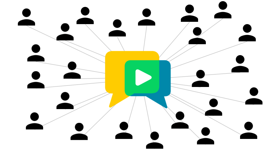 Illustration of many person icons connected to a central video-chat icon, representing a broad audience or community.