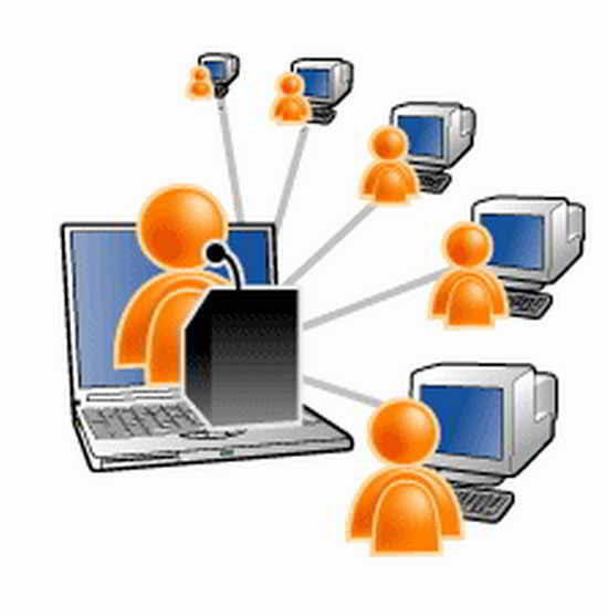 A dated clip-art style illustration of a laptop-based video presenter icon connected by lines to several remote viewer icons on their own computer screens.