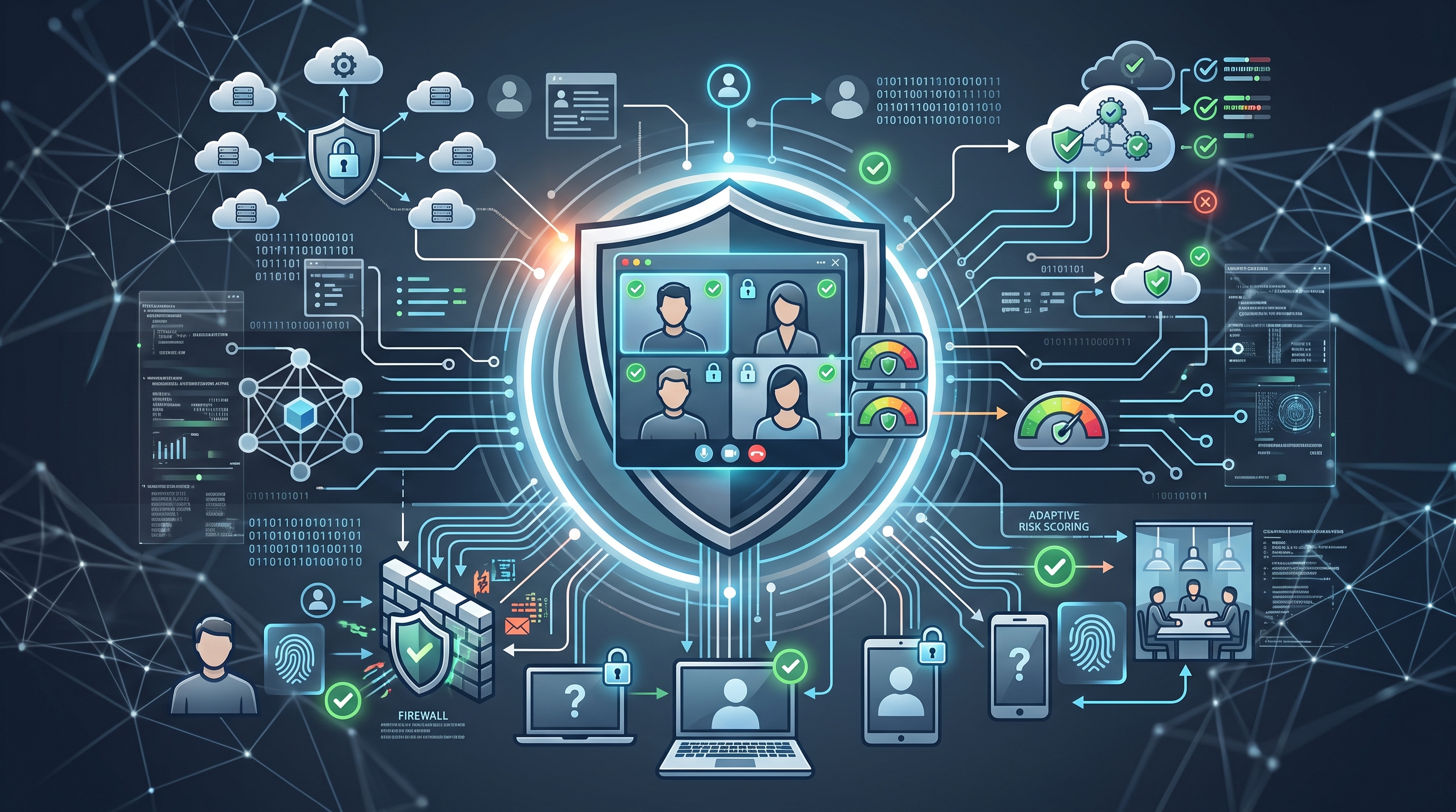 AI-generated illustration symbolizing Zero Trust security for video calls: a shield protecting a video-call window, surrounded by icons for device verification, firewalls, adaptive risk scoring, and secured cloud infrastructure.